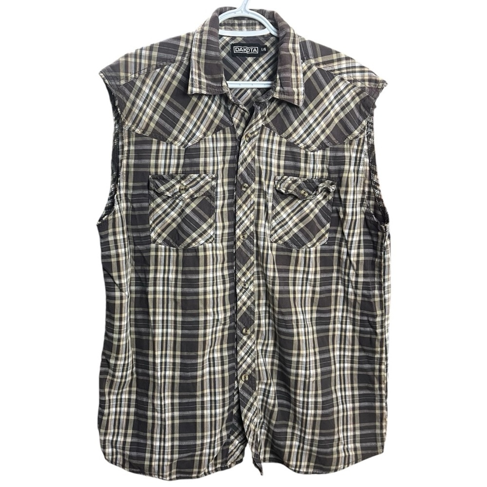 DAKOTA Plus Size Sleeveless Shirt‎ Men Plaid Brown Cowboy Tank Top Country Style